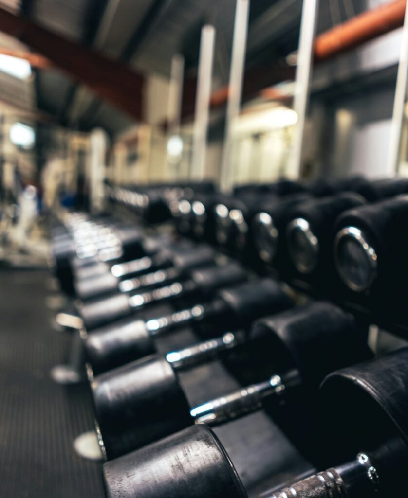 Rows of dumbbells on a gym rack